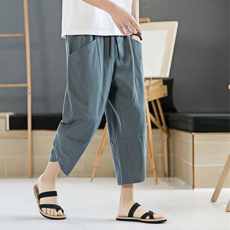 Buddha Stones夏 メンズ 無地 7-8丈 コットンリネン ドローストリングパンツ ポケット付き