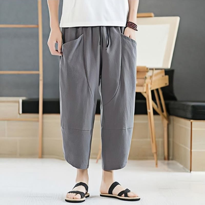Buddha Stones夏 メンズ 無地 7-8丈 コットンリネン ドローストリングパンツ ポケット付き