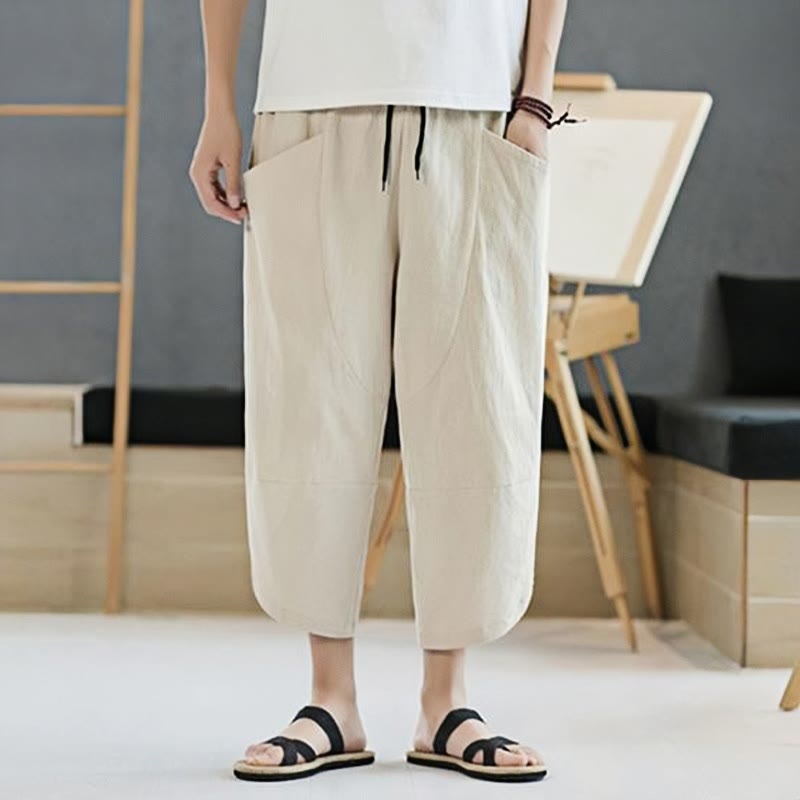 Buddha Stones夏 メンズ 無地 7-8丈 コットンリネン ドローストリングパンツ ポケット付き