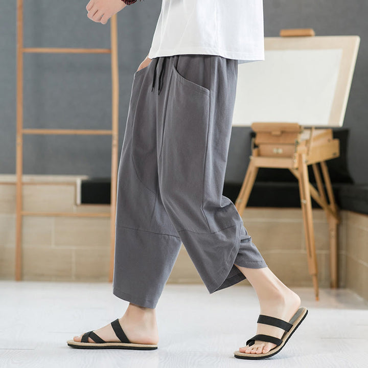 Buddha Stones夏 メンズ 無地 7-8丈 コットンリネン ドローストリングパンツ ポケット付き