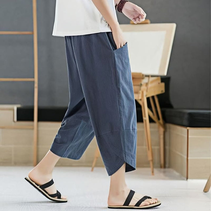 Buddha Stones夏 メンズ 無地 7-8丈 コットンリネン ドローストリングパンツ ポケット付き