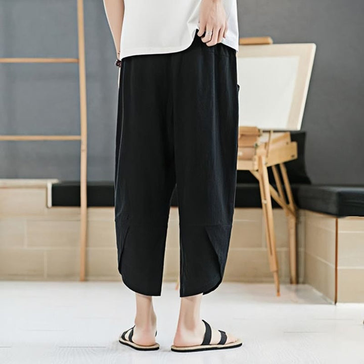 Buddha Stones夏 メンズ 無地 7-8丈 コットンリネン ドローストリングパンツ ポケット付き