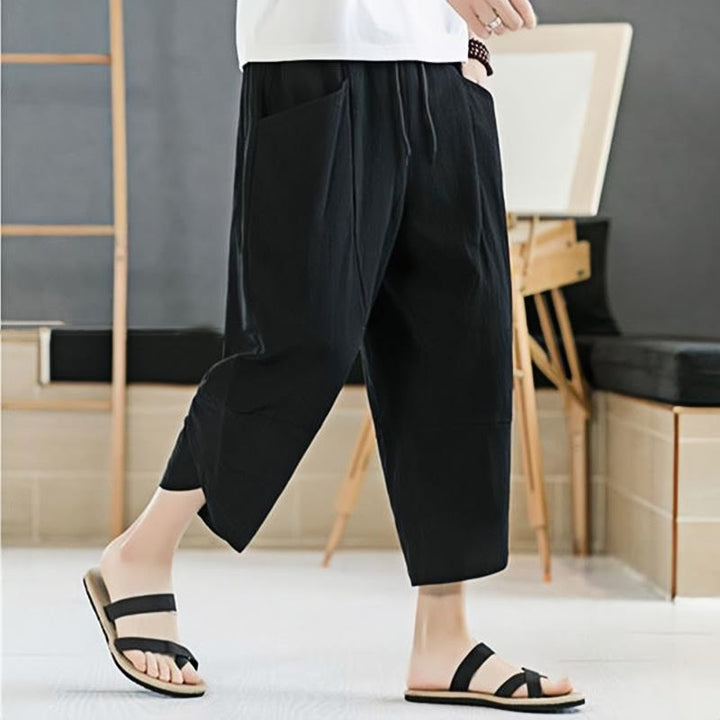 Buddha Stones夏 メンズ 無地 7-8丈 コットンリネン ドローストリングパンツ ポケット付き