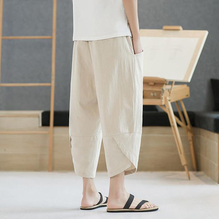 Buddha Stones夏 メンズ 無地 7-8丈 コットンリネン ドローストリングパンツ ポケット付き