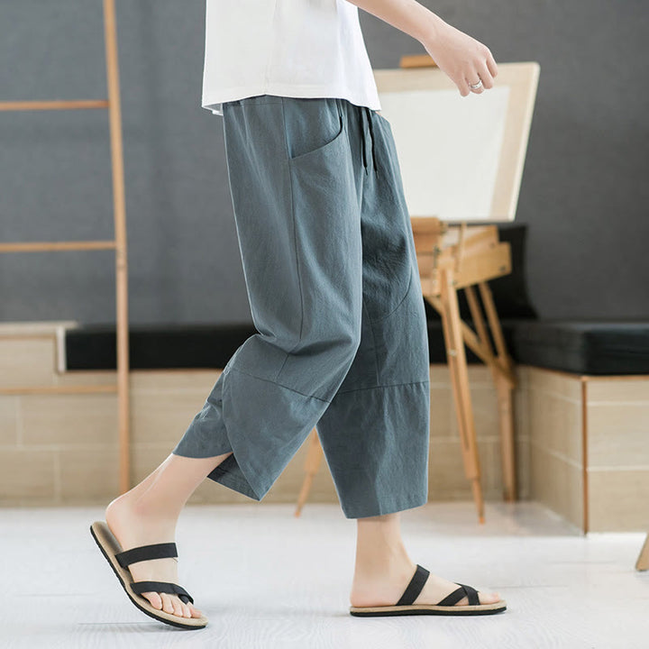 Buddha Stones夏 メンズ 無地 7-8丈 コットンリネン ドローストリングパンツ ポケット付き