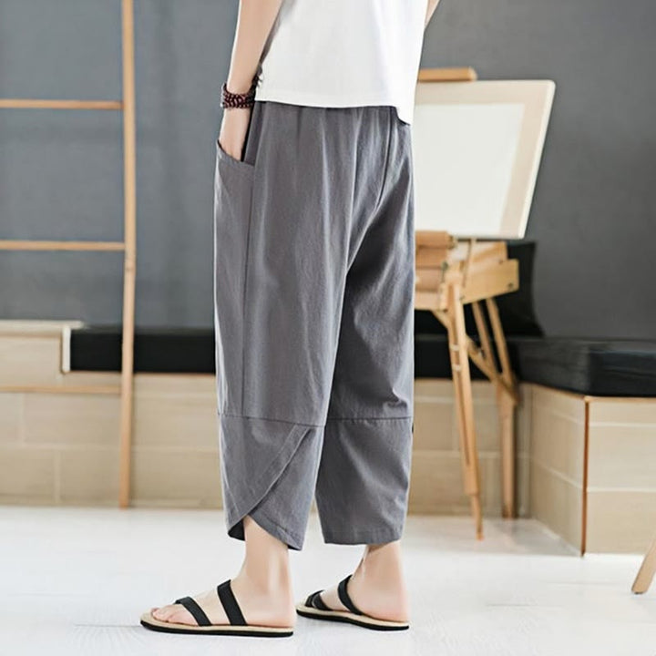 Buddha Stones夏 メンズ 無地 7-8丈 コットンリネン ドローストリングパンツ ポケット付き
