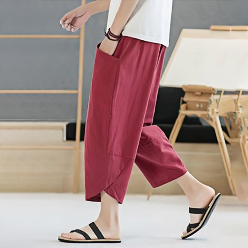 Buddha Stones夏 メンズ 無地 7-8丈 コットンリネン ドローストリングパンツ ポケット付き