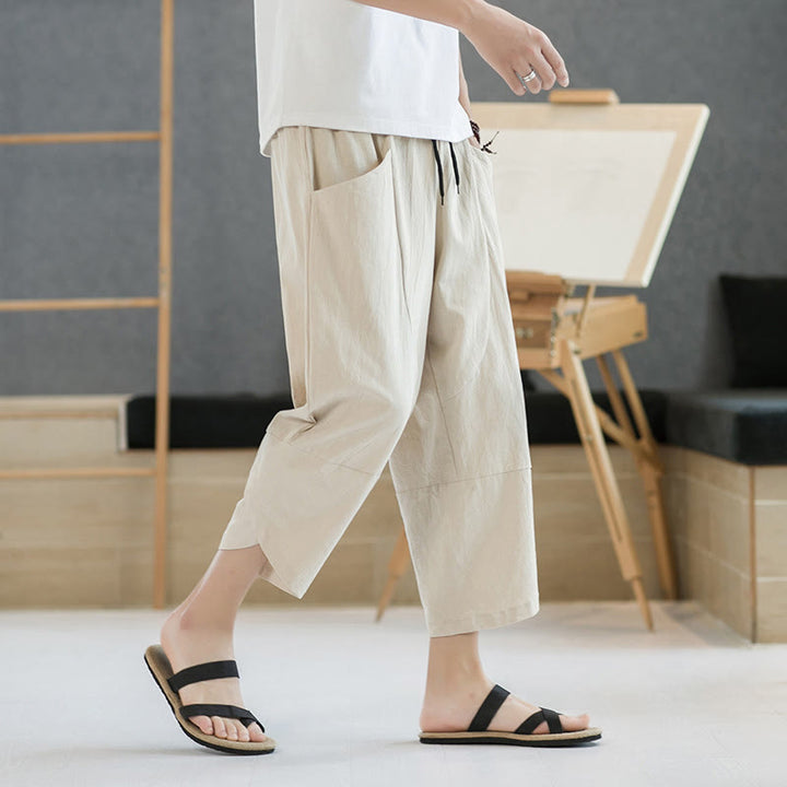 Buddha Stones夏 メンズ 無地 7-8丈 コットンリネン ドローストリングパンツ ポケット付き