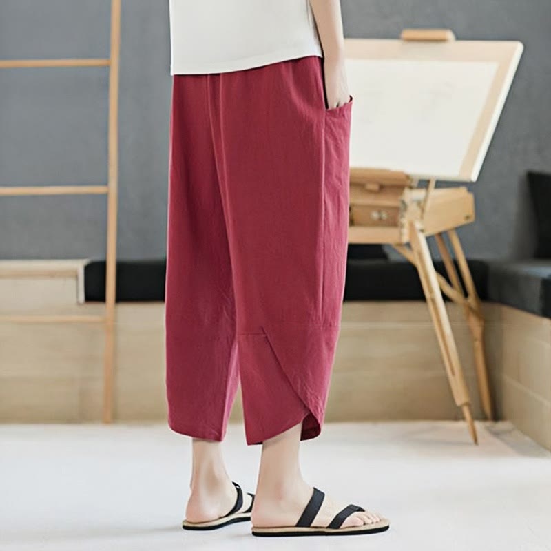 Buddha Stones夏 メンズ 無地 7-8丈 コットンリネン ドローストリングパンツ ポケット付き