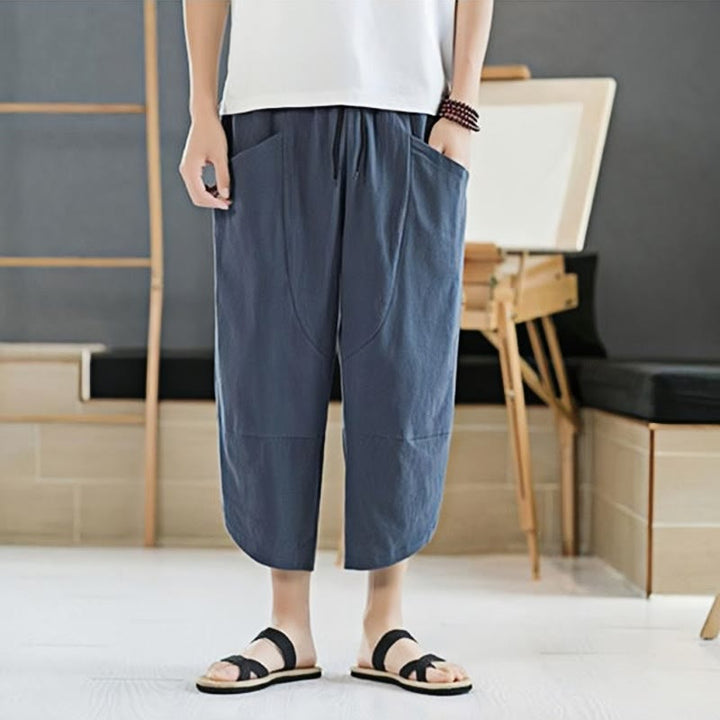 Buddha Stones夏 メンズ 無地 7-8丈 コットンリネン ドローストリングパンツ ポケット付き