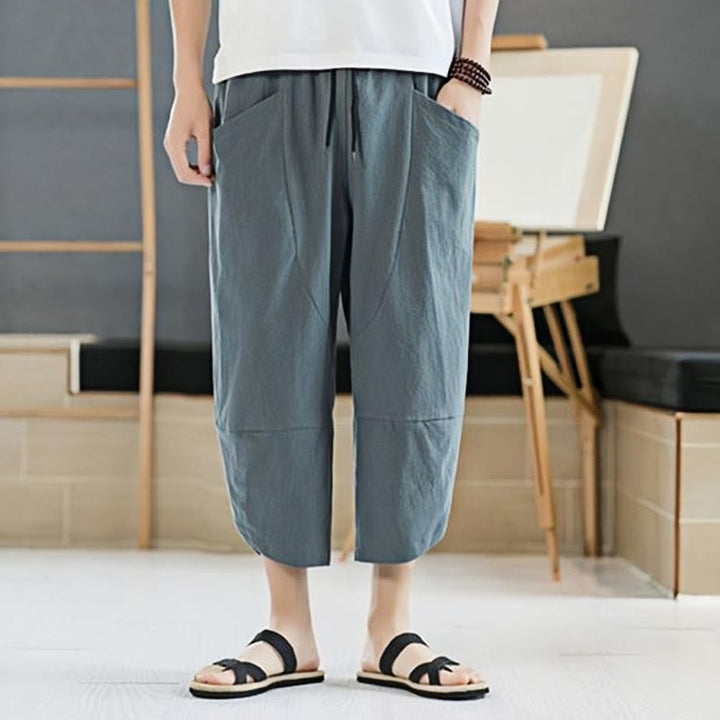 Buddha Stones夏 メンズ 無地 7-8丈 コットンリネン ドローストリングパンツ ポケット付き