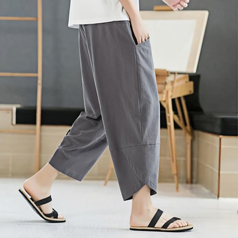Buddha Stones夏 メンズ 無地 7-8丈 コットンリネン ドローストリングパンツ ポケット付き