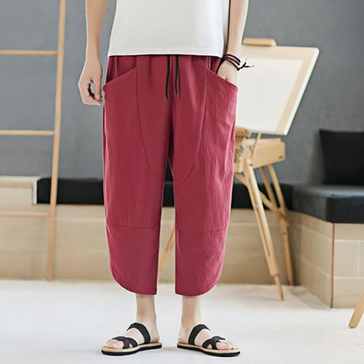 Buddha Stones夏 メンズ 無地 7-8丈 コットンリネン ドローストリングパンツ ポケット付き