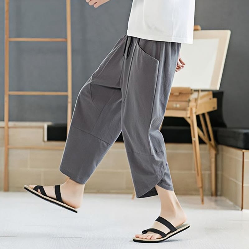 Buddha Stones夏 メンズ 無地 7-8丈 コットンリネン ドローストリングパンツ ポケット付き