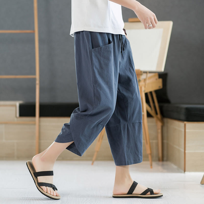 Buddha Stones夏 メンズ 無地 7-8丈 コットンリネン ドローストリングパンツ ポケット付き