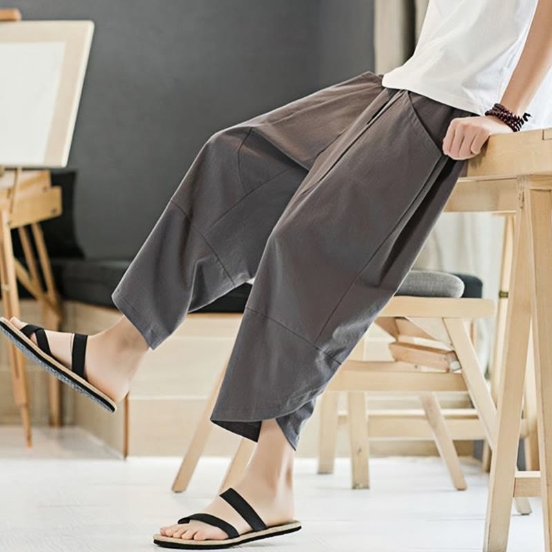 Buddha Stones夏 メンズ 無地 7-8丈 コットンリネン ドローストリングパンツ ポケット付き