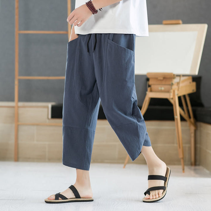 Buddha Stones夏 メンズ 無地 7-8丈 コットンリネン ドローストリングパンツ ポケット付き