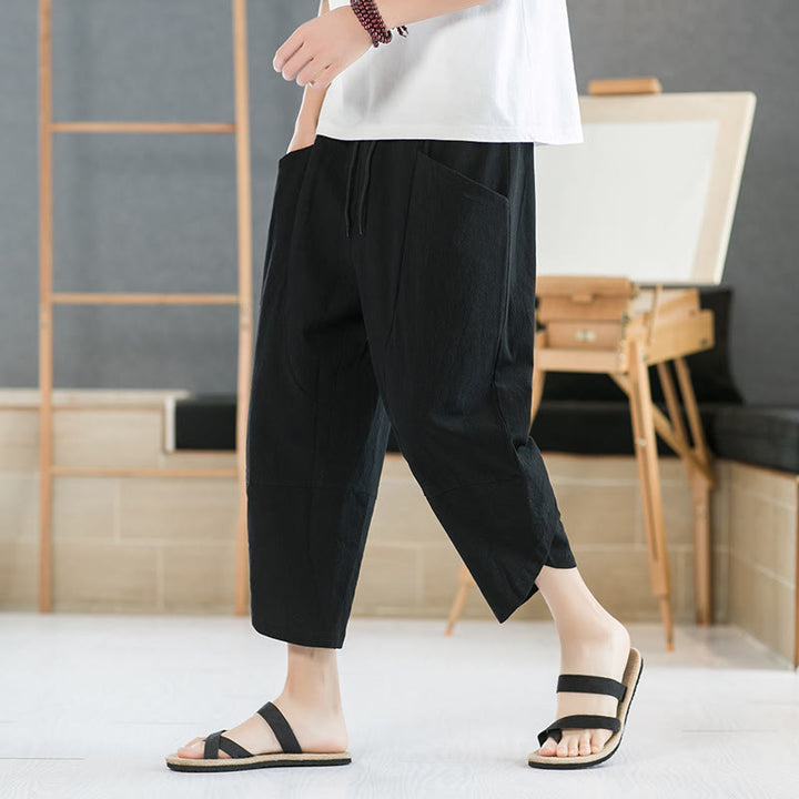 Buddha Stones夏 メンズ 無地 7-8丈 コットンリネン ドローストリングパンツ ポケット付き