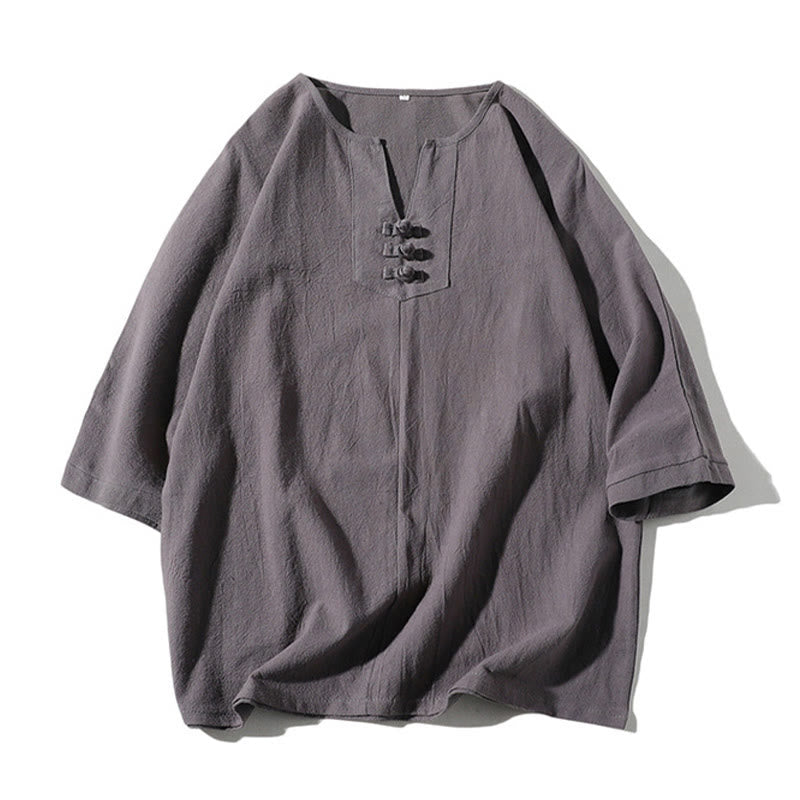 Buddha Stones 2点セット 無地 ノッチカラー Tシャツ 7-8丈 ワイドレッグショーツ ポケット付き コットンリネン メンズ 瞑想用クロスセット