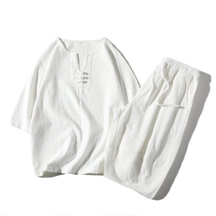 Buddha Stones2枚組 無地ノッチカラーTシャツ ワイドレッグショーツ ポケット付き メンズ瞑想服セット - 白 - US/UK/AU46、 EU56 (5XL) - image 15