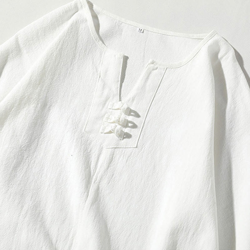 Buddha Stones 2点セット 無地 ノッチカラー Tシャツ 7-8丈 ワイドレッグショーツ ポケット付き コットンリネン メンズ 瞑想用クロスセット