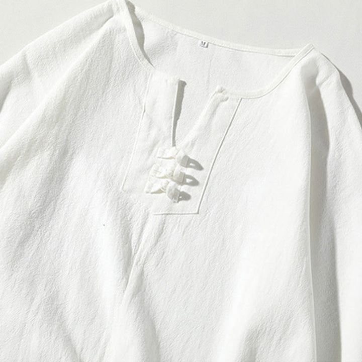 Buddha Stones 2点セット 無地 ノッチカラー Tシャツ 7-8丈 ワイドレッグショーツ ポケット付き コットンリネン メンズ 瞑想用クロスセット