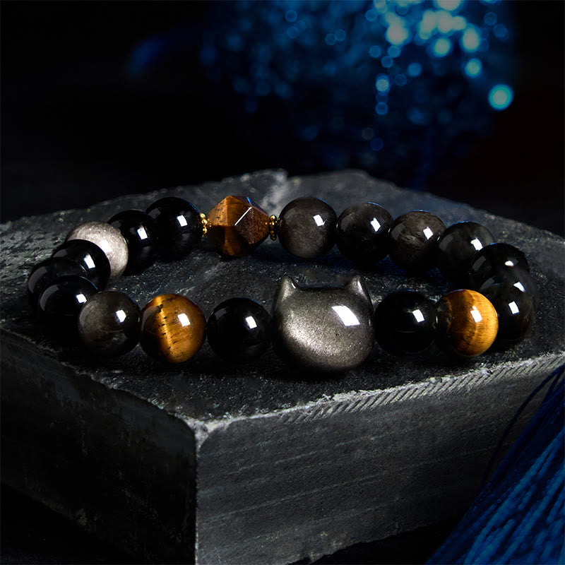Buddha Stones天然銀光沢黒曜石ビーズ かわいい猫の癒しブレスレット - image 3