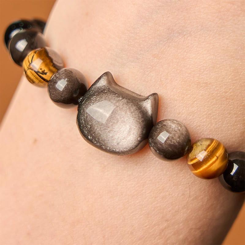 Buddha Stones天然銀光沢黒曜石ビーズ かわいい猫の癒しブレスレット - image 5