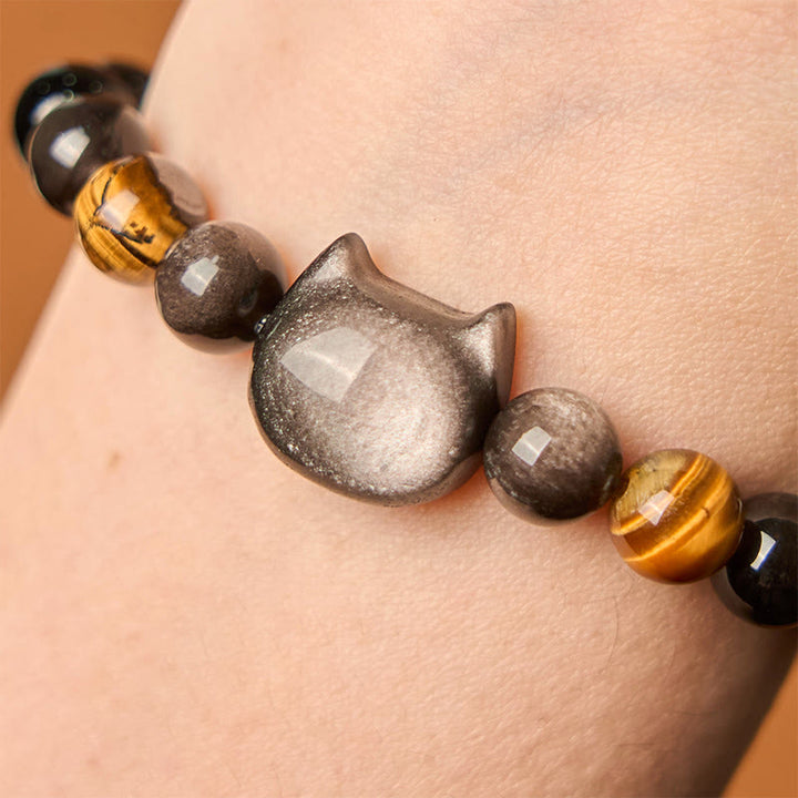 Buddha Stones天然銀光沢黒曜石ビーズ かわいい猫の癒しブレスレット - image 5