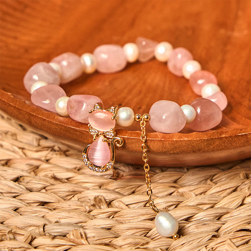 Buddha Stonesナチュラルストロベリークォーツパール 猫幸運を呼ぶブレスレット - image 2