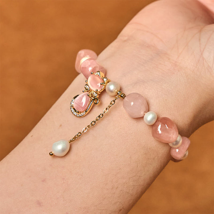 Buddha Stonesナチュラルストロベリークォーツパール 猫幸運を呼ぶブレスレット - image 4