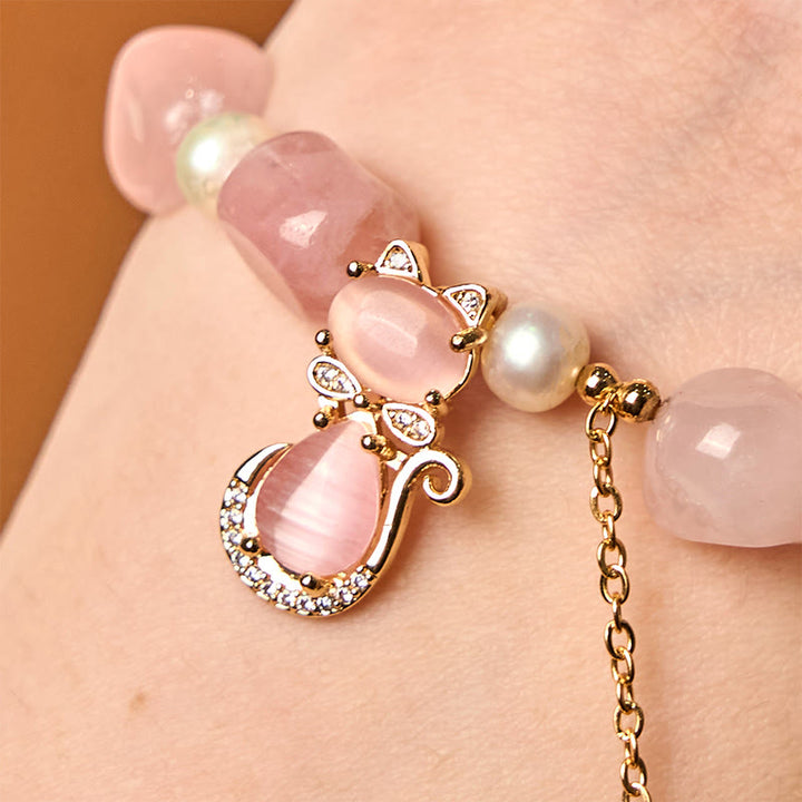 Buddha Stonesナチュラルストロベリークォーツパール 猫幸運を呼ぶブレスレット - image 3