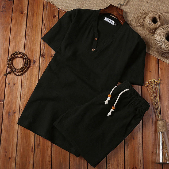 Buddha Stones 2点セット 無地 ノッチカラー 半袖 Tシャツ ショートパンツ ポケット付き コットンリネン メンズ 瞑想用クロスセット - 黒 - US/UK/AU44、EU54（5XL） - image 3