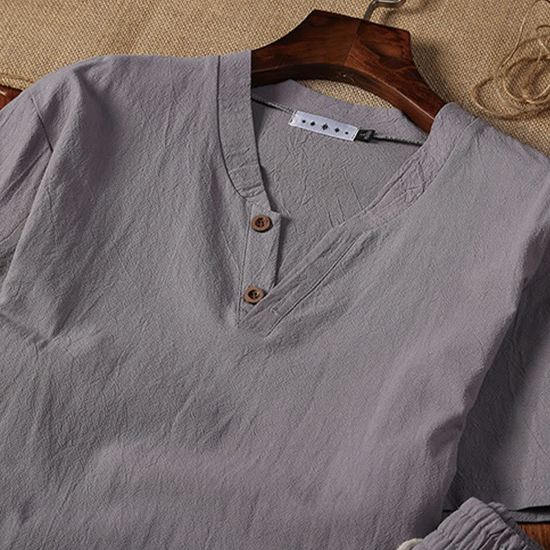 Buddha Stones 2点セット 無地 ノッチカラー 半袖 Tシャツ ショートパンツ ポケット付き コットンリネン メンズ 瞑想用クロスセット - image 8