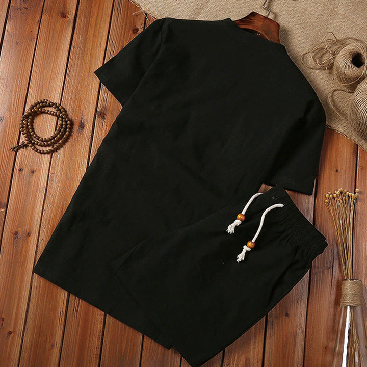 Buddha Stones 2点セット 無地 ノッチカラー 半袖 Tシャツ ショートパンツ ポケット付き コットンリネン メンズ 瞑想用クロスセット - image 4