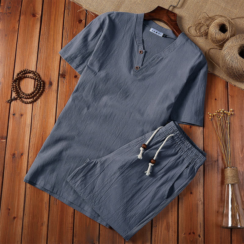 Buddha Stones 2点セット 無地 ノッチカラー 半袖 Tシャツ ショートパンツ ポケット付き コットンリネン メンズ 瞑想用クロスセット - スレートグレー - US/UK/AU44、EU54（5XL） - image 6