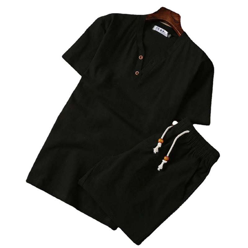 Buddha Stones 2点セット 無地 ノッチカラー 半袖 Tシャツ ショートパンツ ポケット付き コットンリネン メンズ 瞑想用クロスセット - image 5