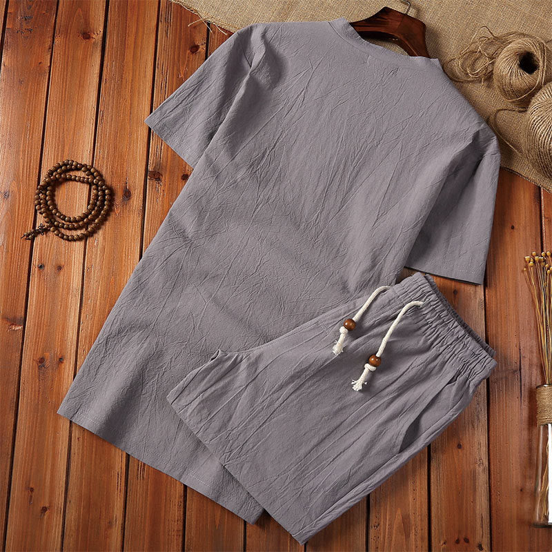 Buddha Stones 2点セット 無地 ノッチカラー 半袖 Tシャツ ショートパンツ ポケット付き コットンリネン メンズ 瞑想用クロスセット - image 7