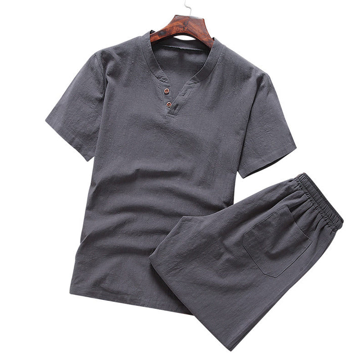 Buddha Stonesカジュアル 2点セット 無地Tシャツ ショートパンツ ポケット付き コットンリネン メンズ 瞑想用ウェアセット - image 7