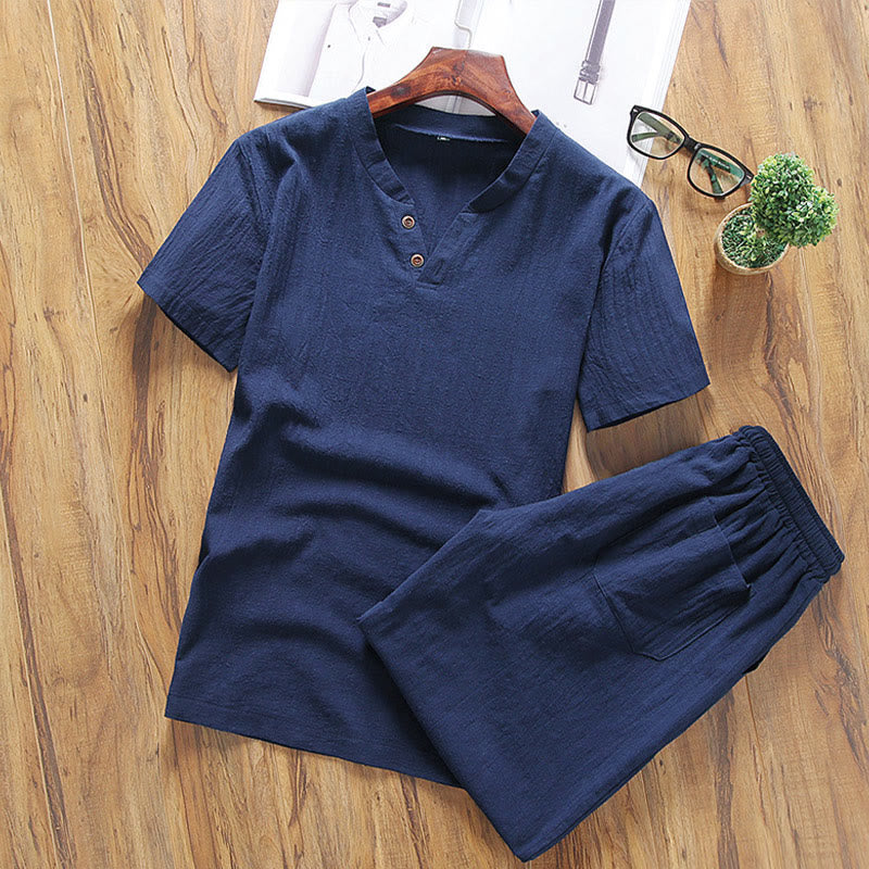 Buddha Stonesカジュアル 2点セット 無地Tシャツ ショートパンツ ポケット付き コットンリネン メンズ 瞑想用ウェアセット - ミッドナイトブルー - US/UK/AU46、 EU56 (5XL) - image 9