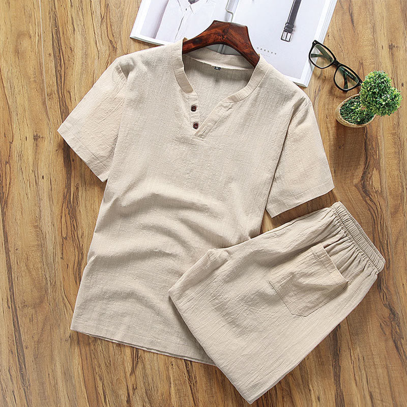 Buddha Stonesカジュアル 2点セット 無地Tシャツ＆ショートパンツ ポケット付き メンズ瞑想服セット - ペールゴールデンロッド - US/UK/AU46、 EU56 (5XL) - image 0