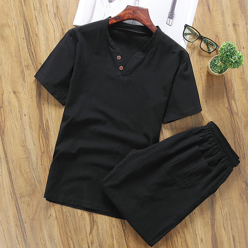 Buddha Stonesカジュアル 2点セット 無地Tシャツ＆ショートパンツ ポケット付き メンズ瞑想服セット - 黒 - US/UK/AU46、 EU56 (5XL) - image 6