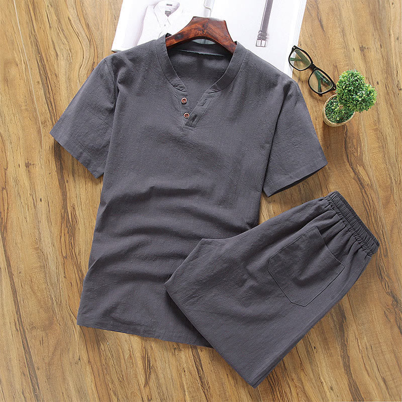 Buddha Stonesカジュアル 2点セット 無地Tシャツ ショートパンツ ポケット付き コットンリネン メンズ 瞑想用ウェアセット - ディムグレー - US/UK/AU46、 EU56 (5XL) - image 6