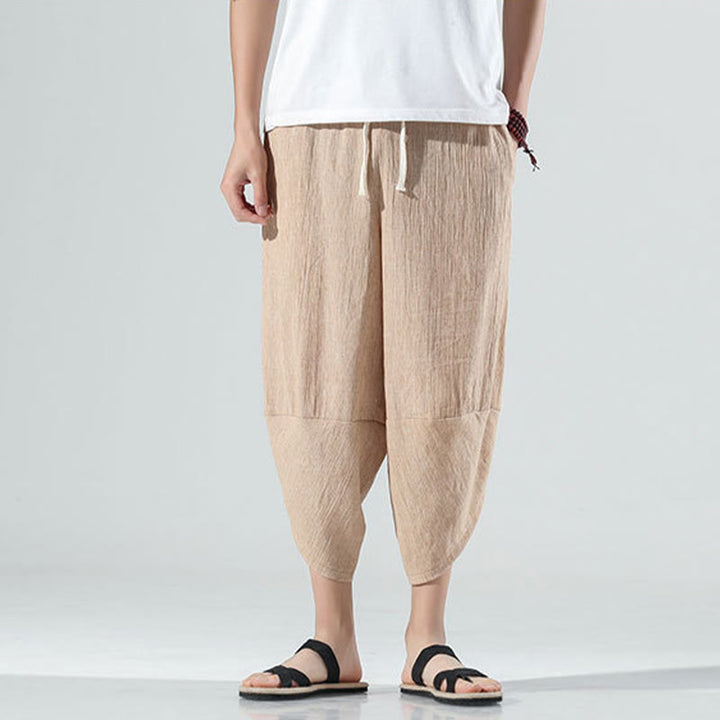 Buddha Stones無地 シンプルデザイン ドローストリング 7-8丈 リネン メンズ ハーレムパンツ ポケット付き