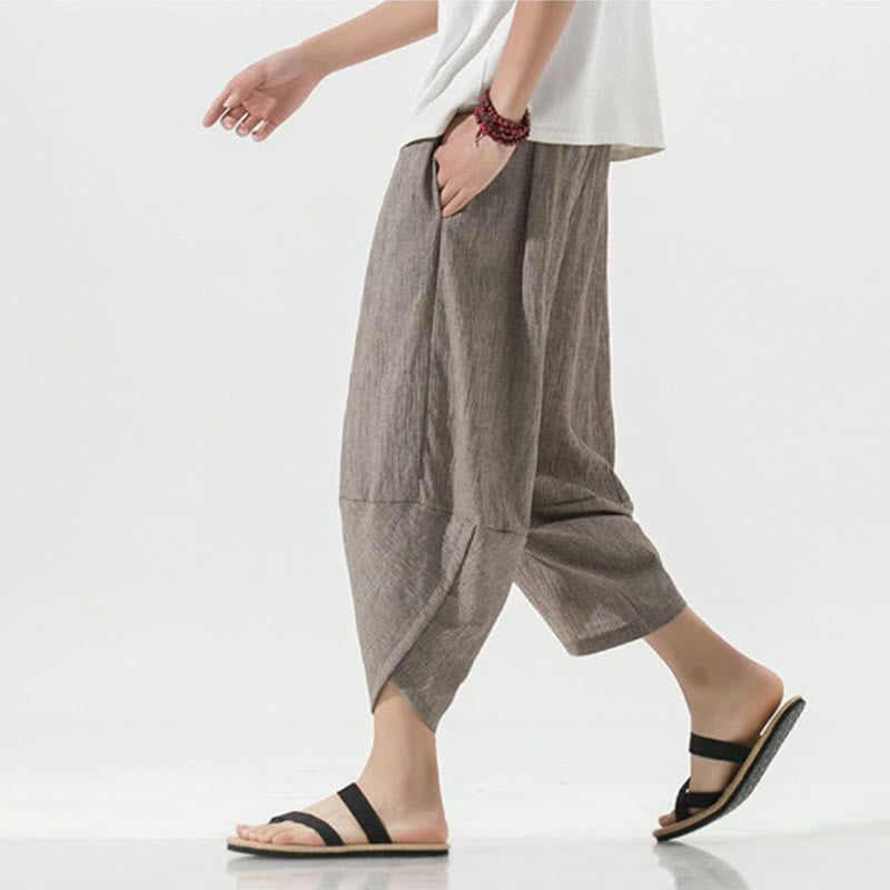 Buddha Stones無地 シンプルデザイン ドローストリング 7-8丈 リネン メンズ ハーレムパンツ ポケット付き