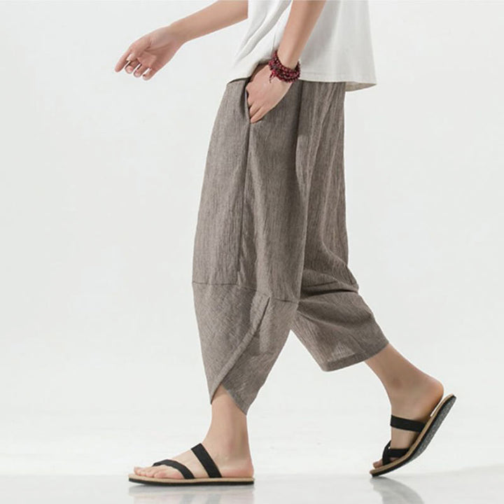 Buddha Stones無地 シンプルデザイン ドローストリング 7-8丈 リネン メンズ ハーレムパンツ ポケット付き