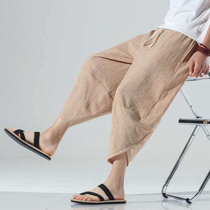 Buddha Stones無地 シンプルデザイン ドローストリング 7-8丈 リネン メンズ ハーレムパンツ ポケット付き - image 33