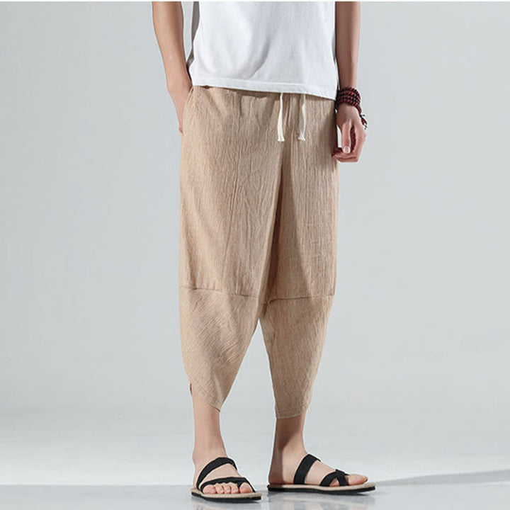 Buddha Stones無地 シンプルデザイン ドローストリング 7-8丈 リネン メンズ ハーレムパンツ ポケット付き