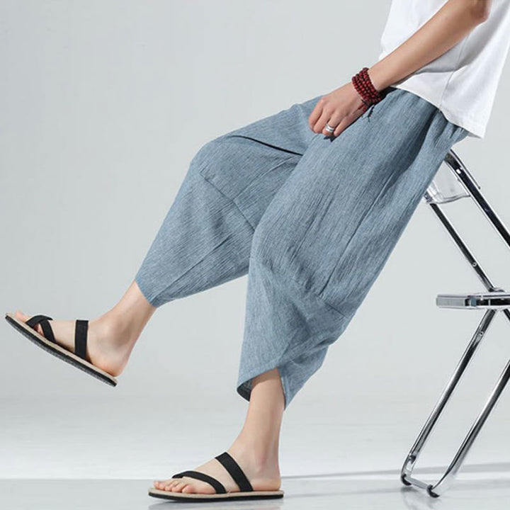 Buddha Stones無地 シンプルデザイン ドローストリング 7-8丈 リネン メンズ ハーレムパンツ ポケット付き - image 19