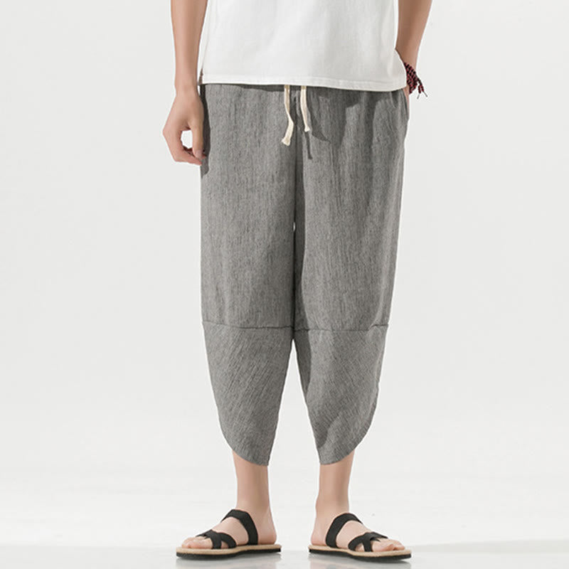 Buddha Stones無地 シンプルデザイン ドローストリング 7-8丈 リネン メンズ ハーレムパンツ ポケット付き